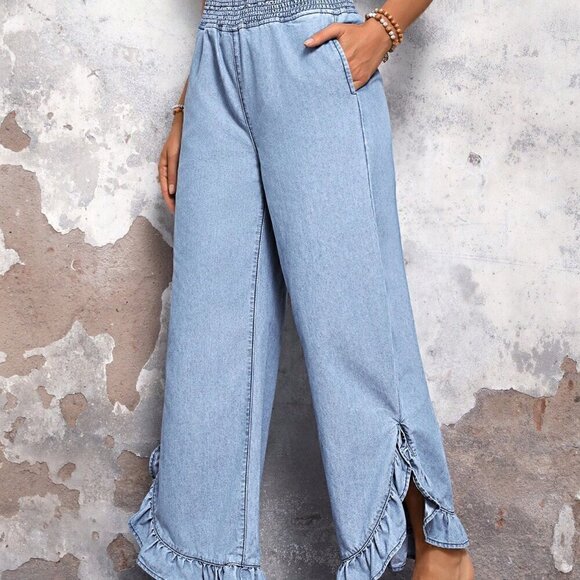 Light Wash Casual Women's High Waist Ruffle Hem Wide Leg Jeans - Picture 5 of 6